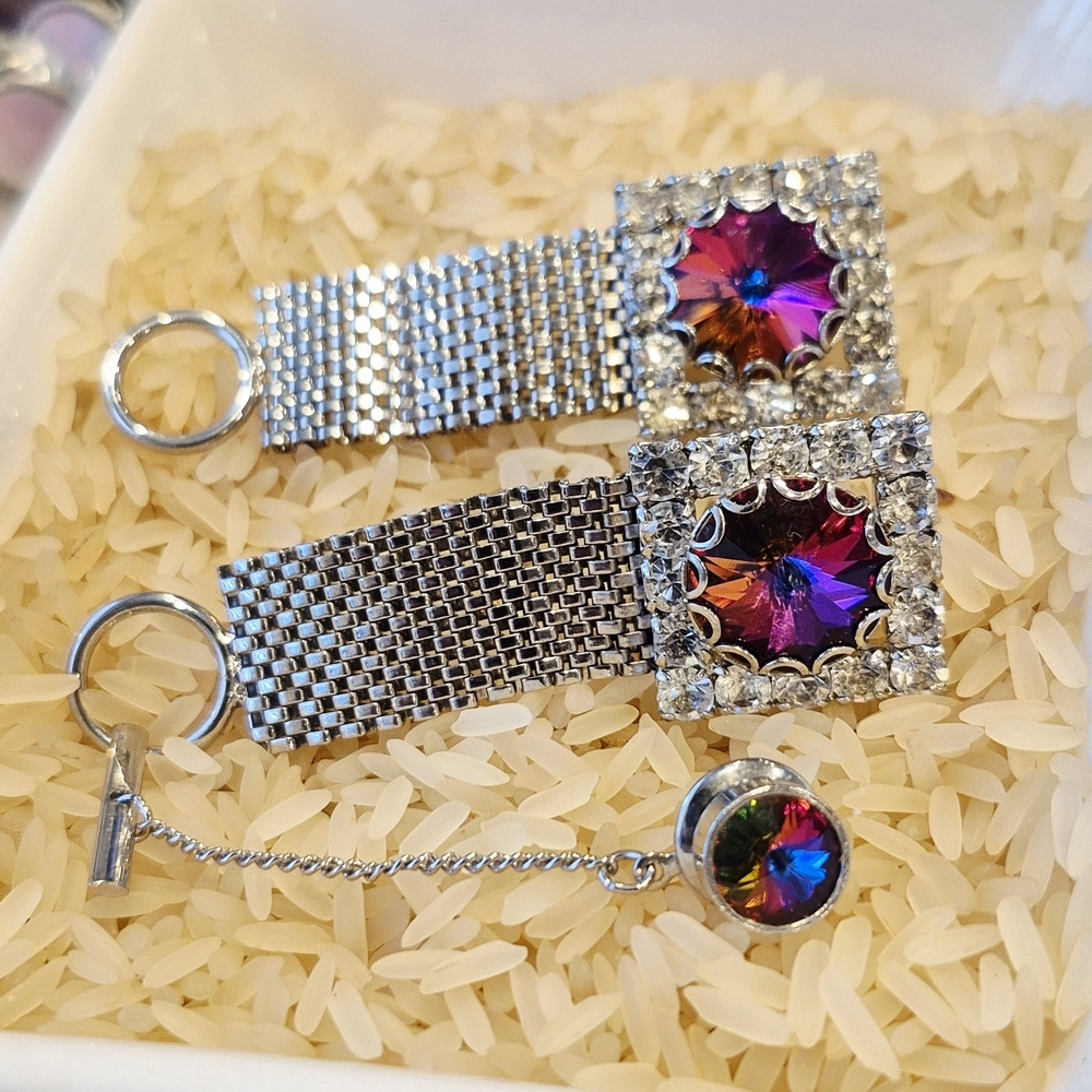 Vintage Mid Century  Cufflinks Tie Pin Watermelon Rasperry With Swrovski Crystal